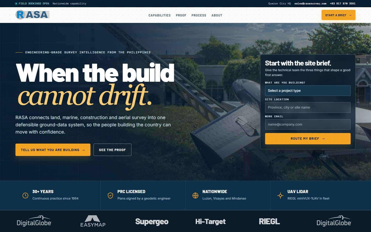 RASA Surveying landing page with survey UAV hero image and proof bar