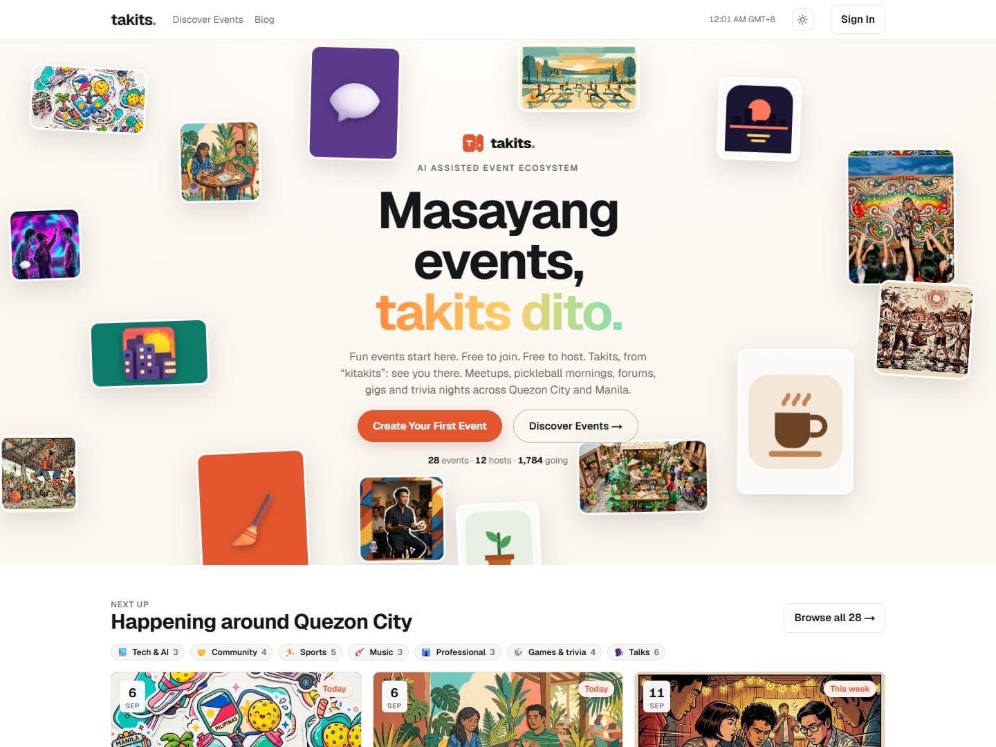 Takits homepage: the headline "Masayang events, takits dito" surrounded by illustrated event cards