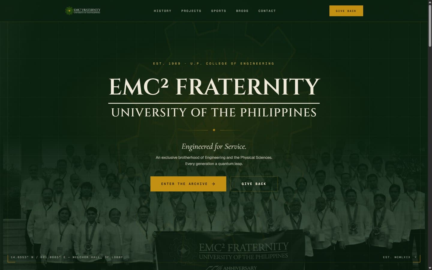 EMC² Fraternity homepage: the crest lockup over a group photo of brods in barongs